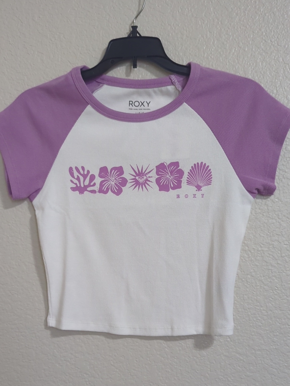 Roxy White Tee with Lavender Raglan Sleeves and Floral Graphic